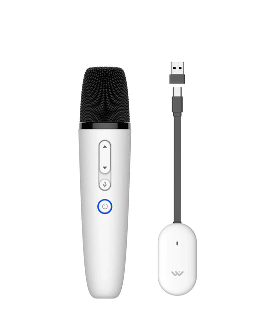White wireless car karaoke microphone with black mesh grille and white rechargeable caraoke mic receiver plug unit