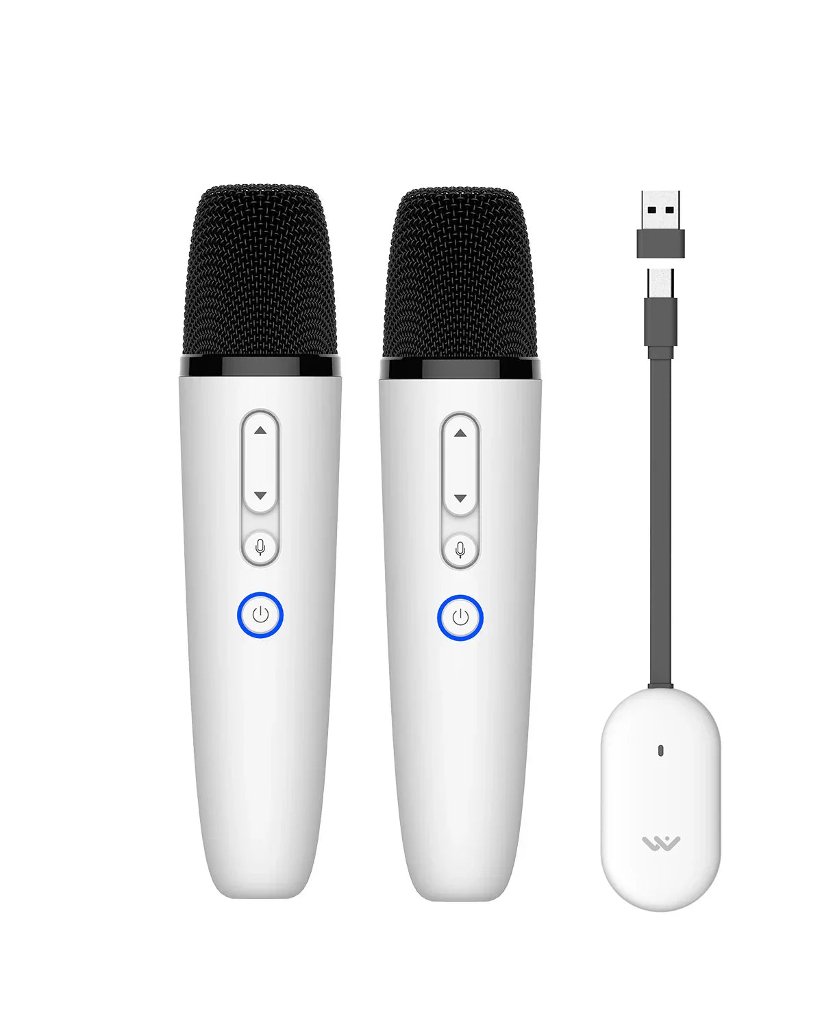 White rechargeable car karaoke microphone with black mesh grille silver buttons usb-c charging cable and receiver plug