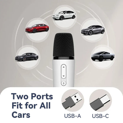 A sleek white and black rechargeable car karaoke microphone with textured grille and usb-a and usb-c receiver plug ports