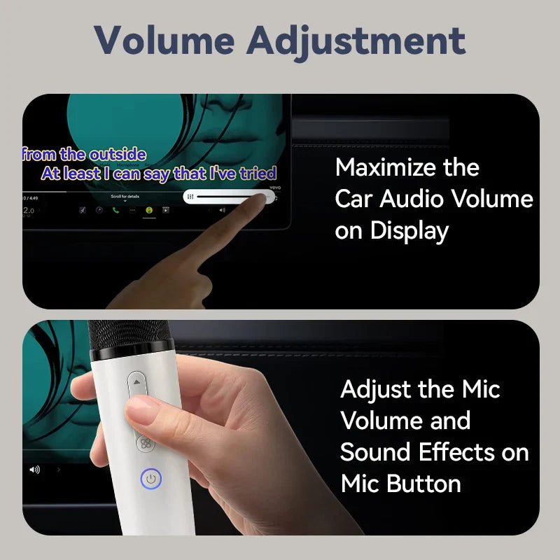 White handheld rechargeable caraoke mic with black mesh grille and receiver plug for tesla car karaoke microphone use