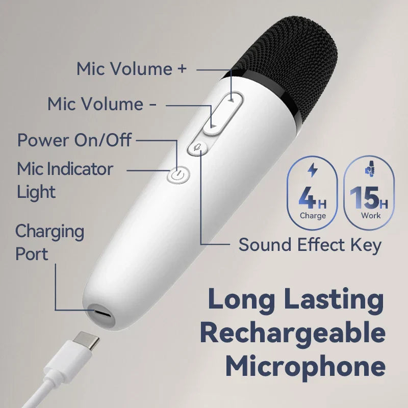 White handheld wireless car karaoke microphone with black mesh grille silver buttons rechargeable caraoke mic receiver plug
