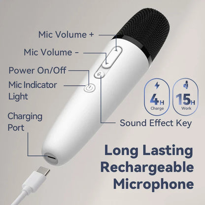 White handheld wireless car karaoke microphone with black mesh grille rechargeable caraoke mic with receiver plug