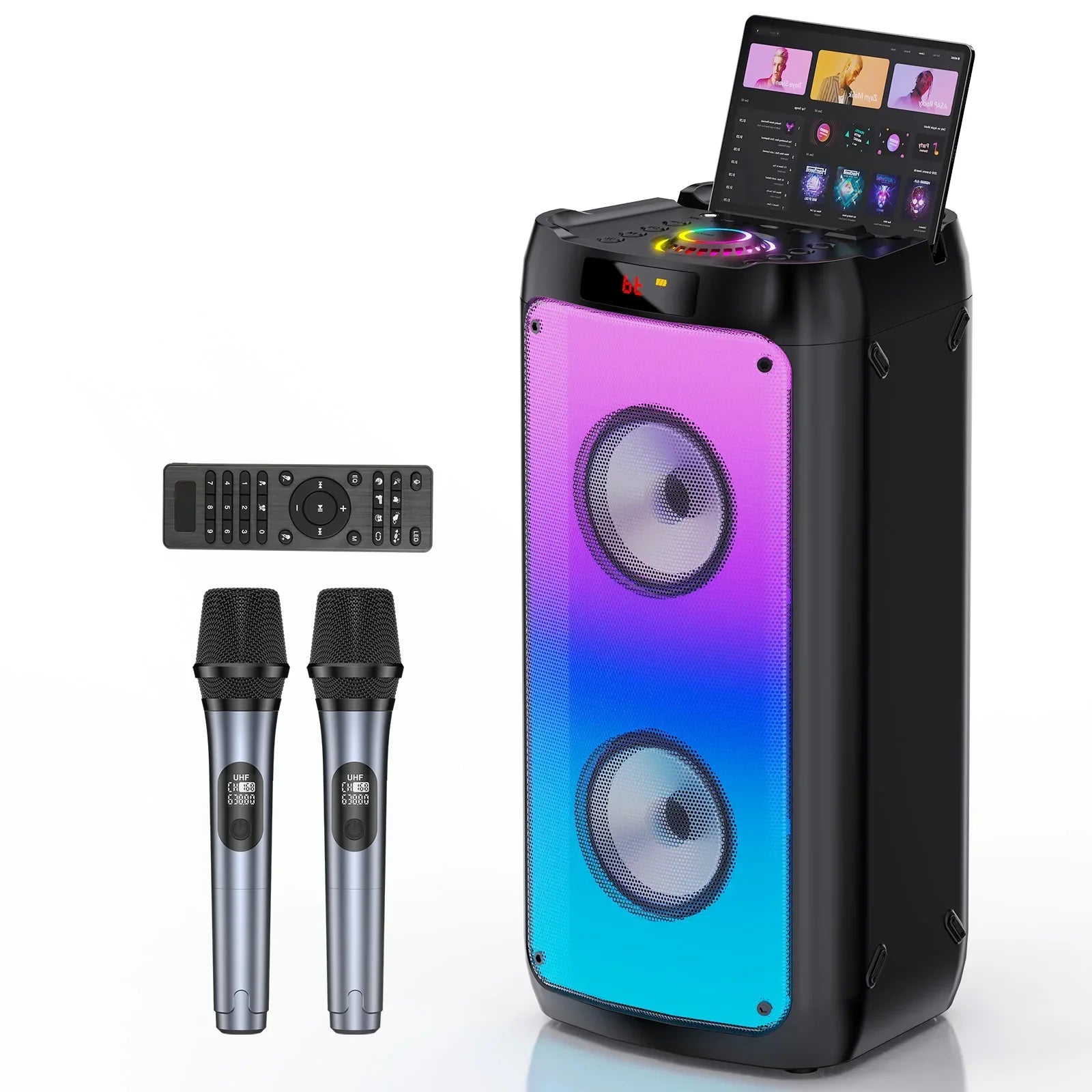Black t10-tkaraoke machine with2wireless microphones features vibrant rgb lighting and touchscreen portable bluetooth speaker