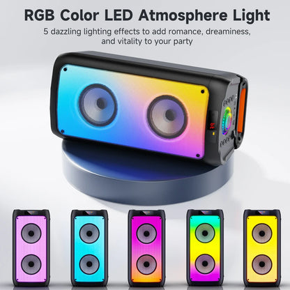 Black rectangular t10-tkaraoke machine with2wireless microphones portable bluetooth speaker with colorful disco lights