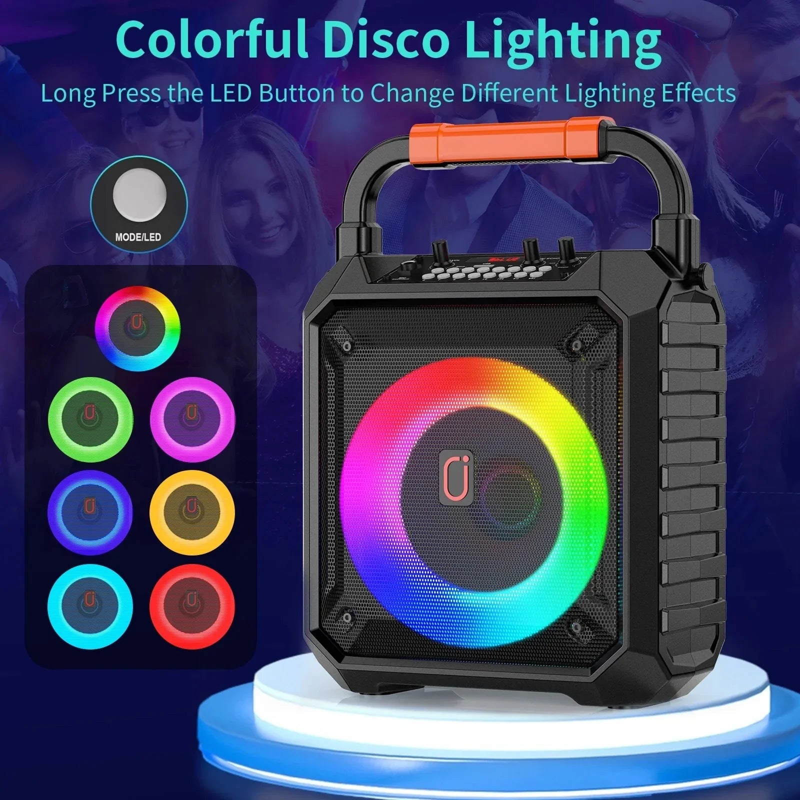 Black t17 karaoke machine portable bluetooth speaker with vibrant rainbow led light ring and orange handle for home use