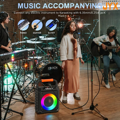 Black and orange t17 karaoke machine portable bluetooth speaker with circular rgb light and two wireless microphones