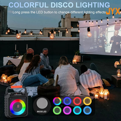 Black portable t17 karaoke machine with colorful rgb led lighting and control buttons for home bluetooth use