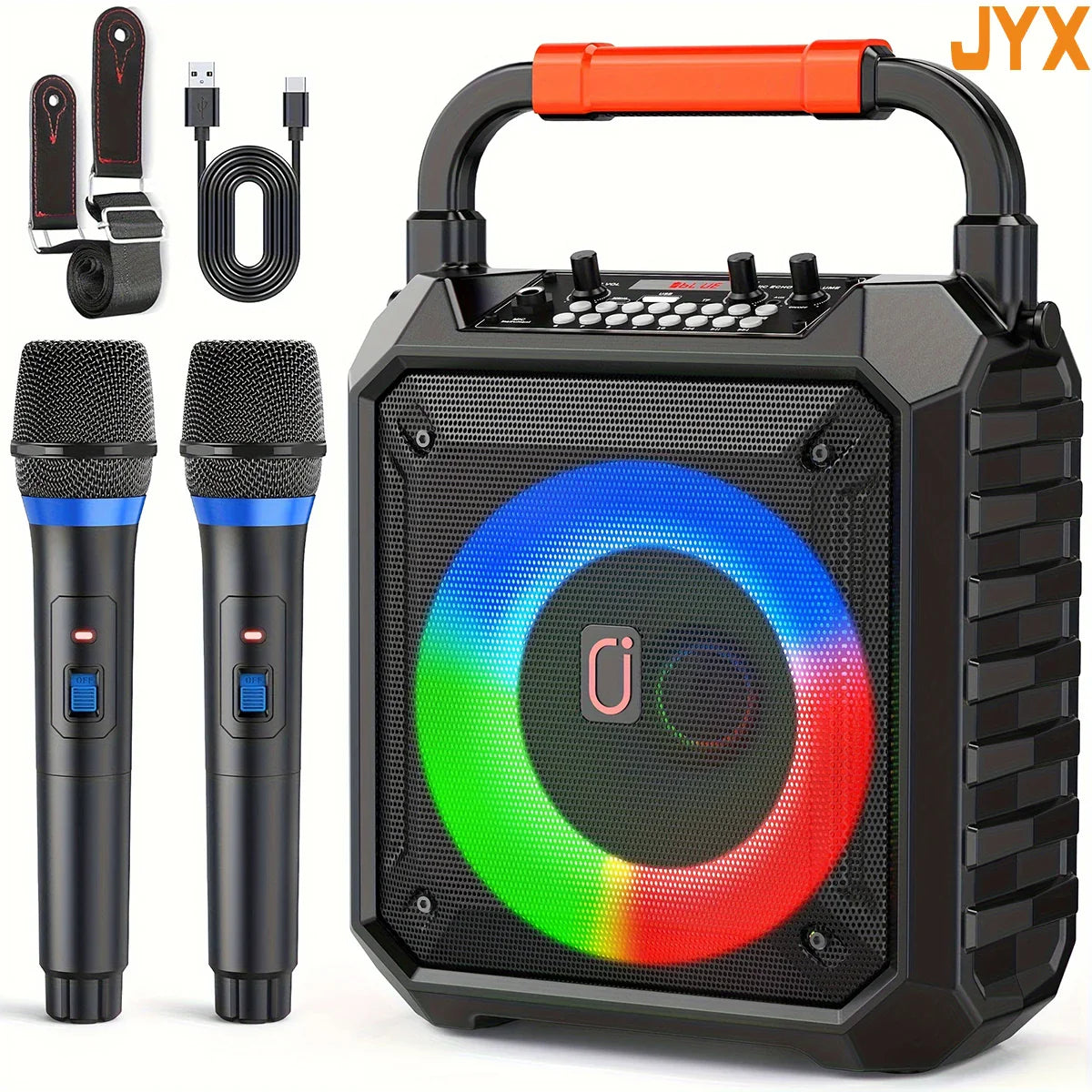 Black jyx portable bluetooth speaker with orange handle and rainbow led light ring for home karaoke system