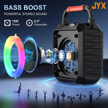 Black jyx portable karaoke speaker with red handle and 6.5-inch subwoofer featuring rgb colorful lights