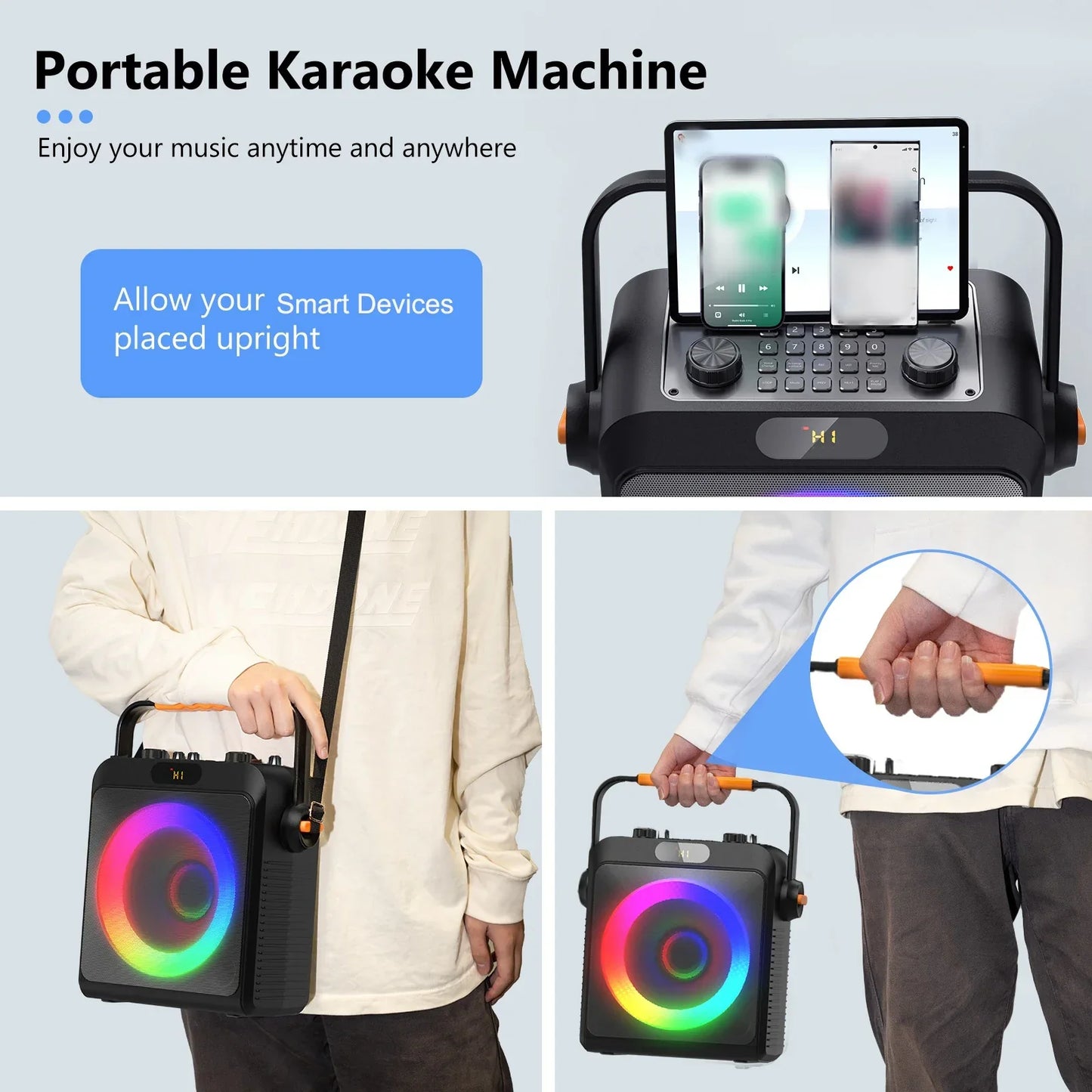 Black t19-t karaoke machine with handle colorful led lights and wireless microphones black for portable use