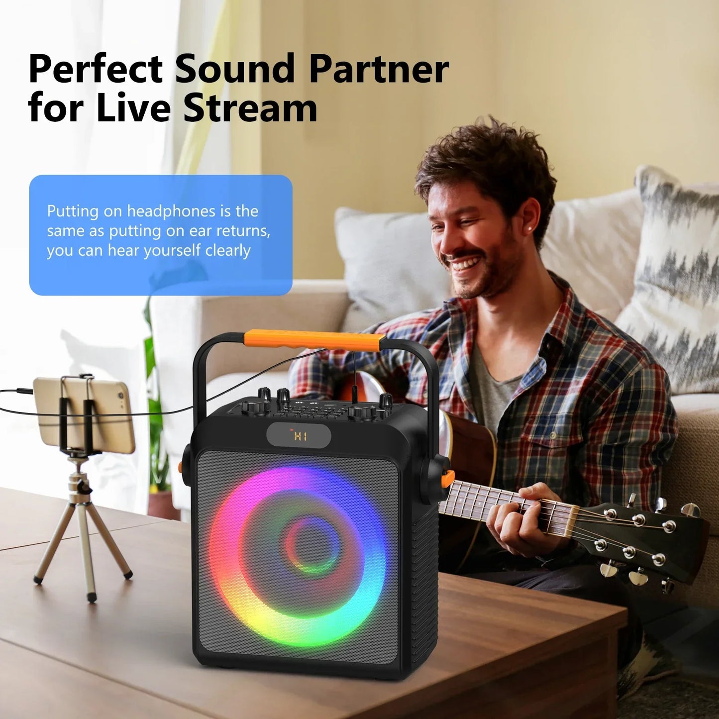 Black t19-t karaoke machine with colorful led lights, orange handle, and wireless microphones black included