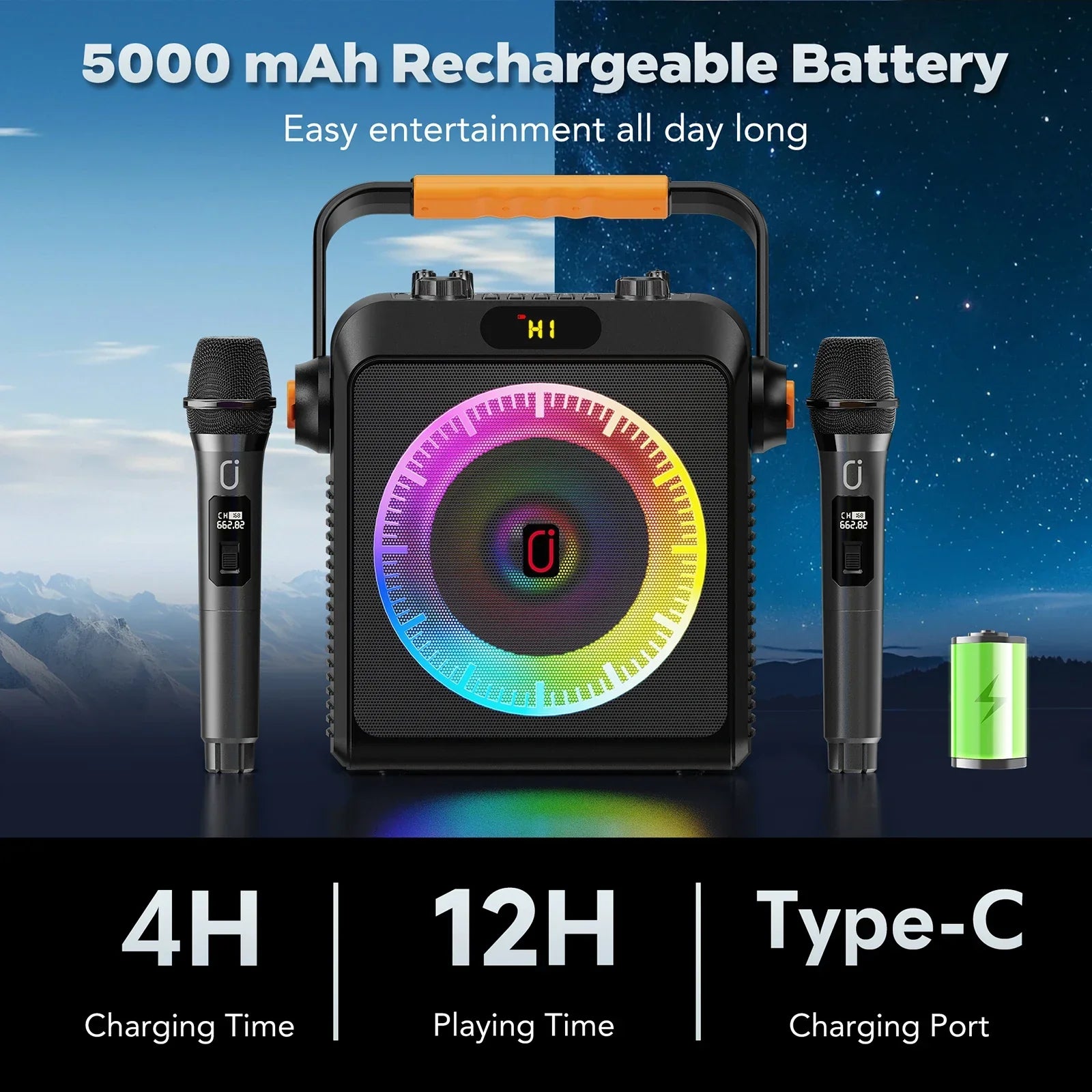Black t19-t karaoke machine with colorful led ring, digital display hi, orange handle, and wireless microphones black