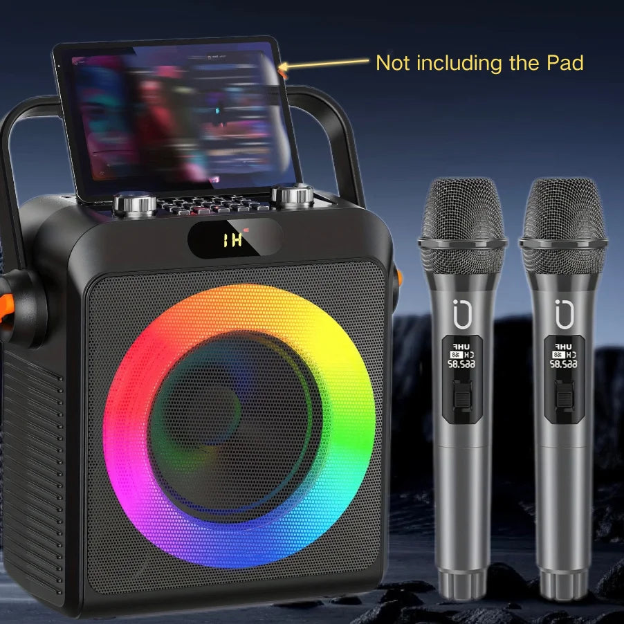 T19-T karaoke machine black karaoke speakers with bass treble adjustment wireless microphones black and tablet mount