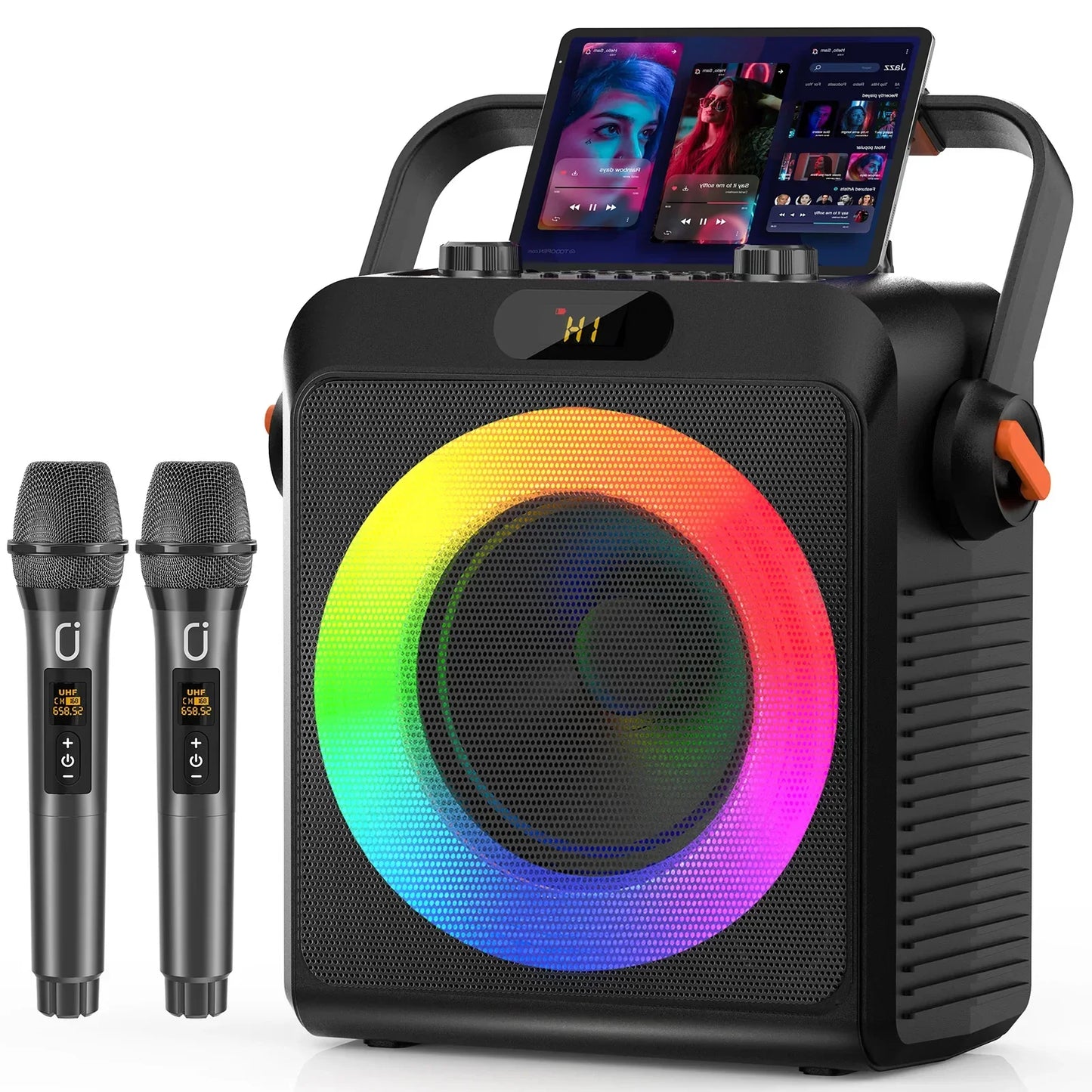 Black t19-t karaoke machine with rainbow led lighting includes wireless microphones black and bass treble adjustment