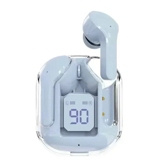 Light gray tws sports outdoor earbuds with digital battery display on charging case for phone games music use