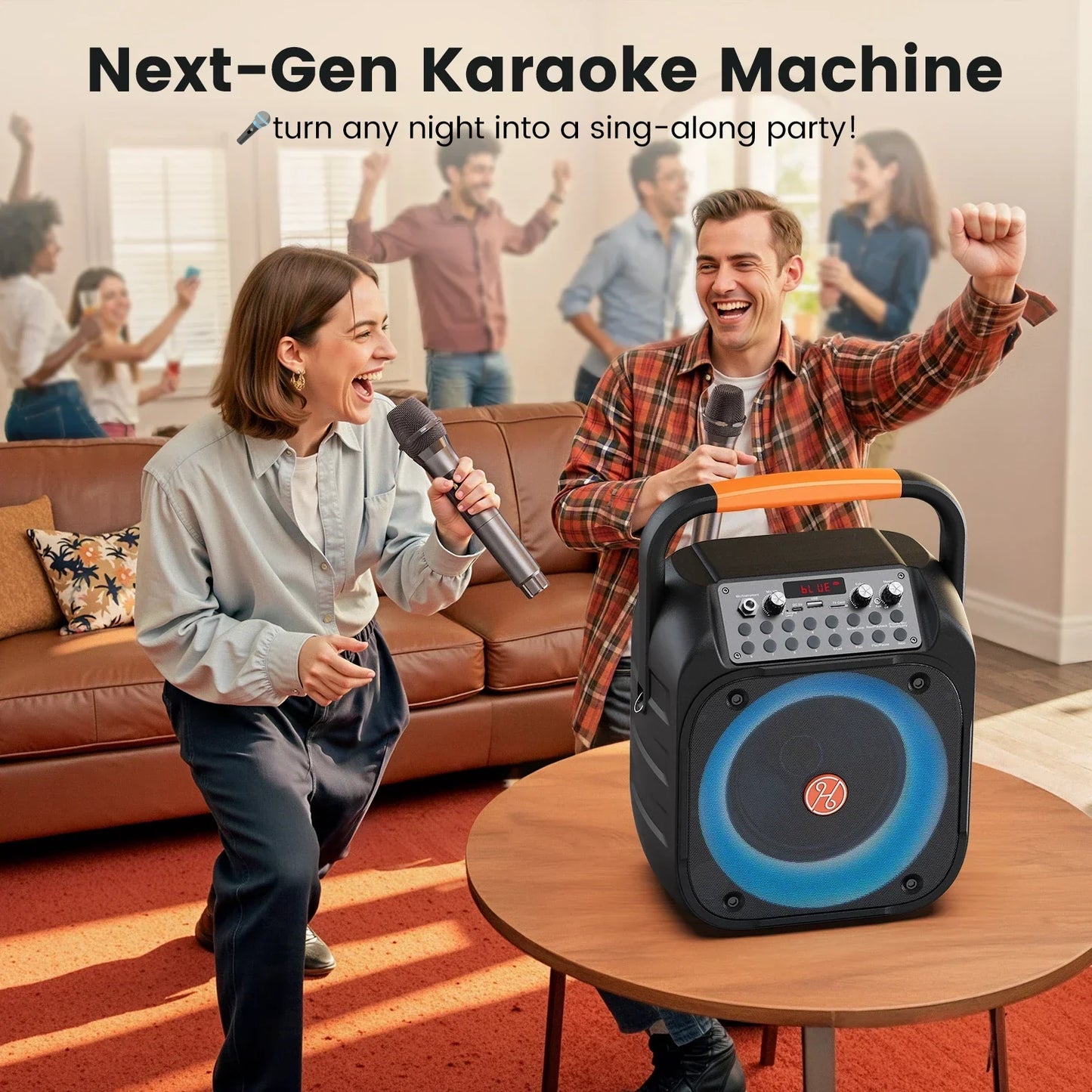 Black portable bluetooth karaoke machine with blue led ring speaker and orange handle includes wireless microphones echo adjustment