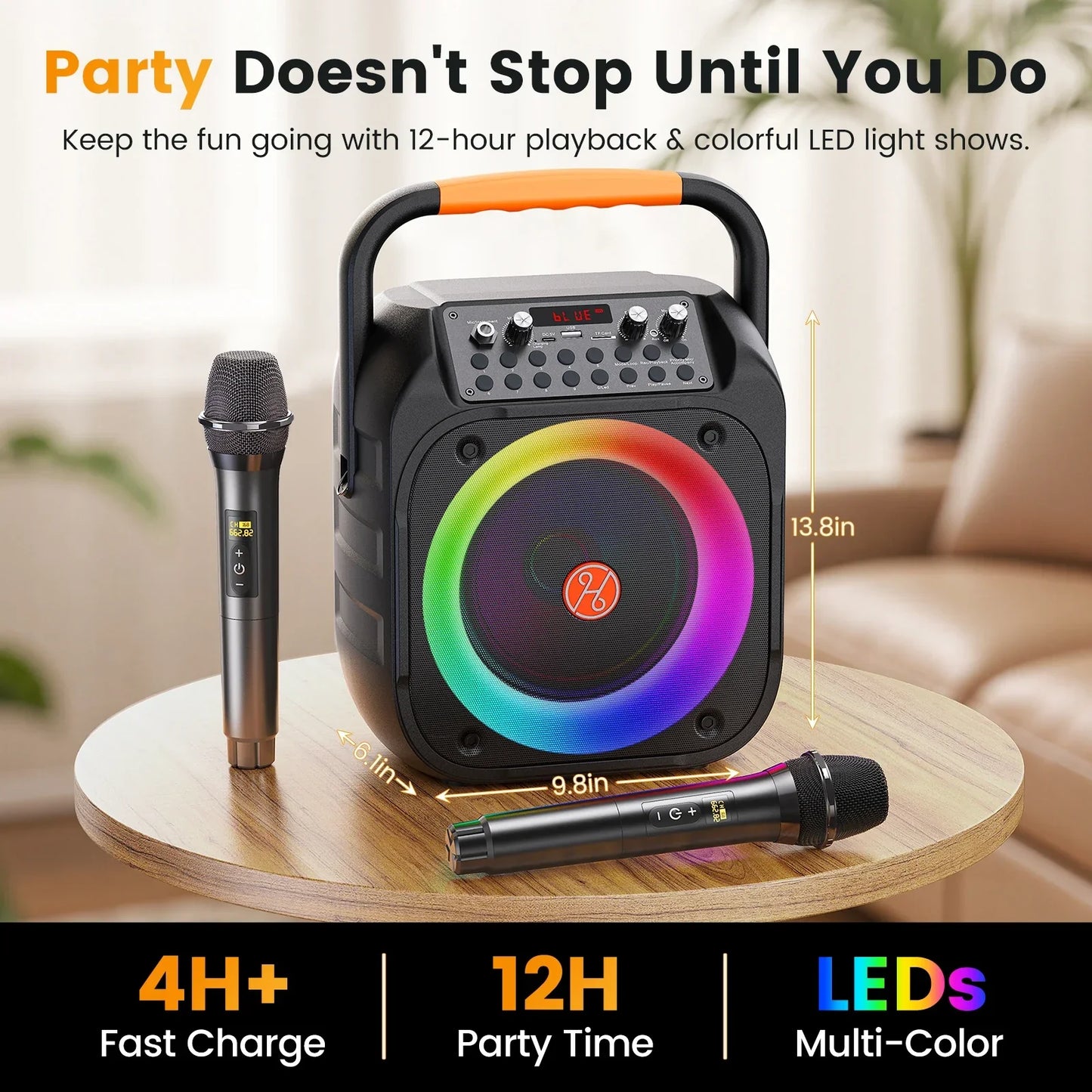 Black portable bluetooth karaoke speaker t26 with orange handle led light ring and two wireless microphones echo adjustment