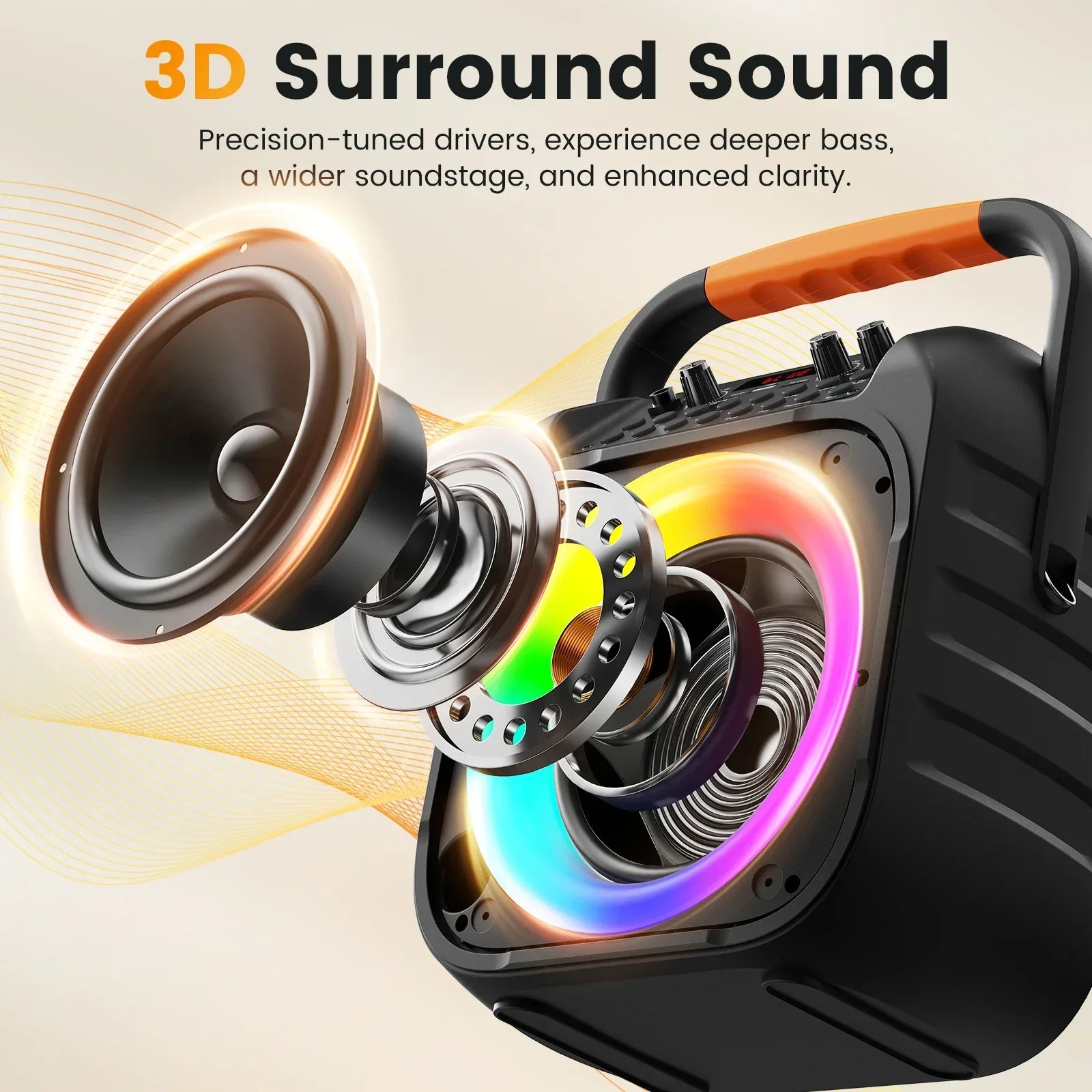 T26 portable bluetooth karaoke machine in black with orange handle and colorful led lights featuring wireless microphones echo adjustment