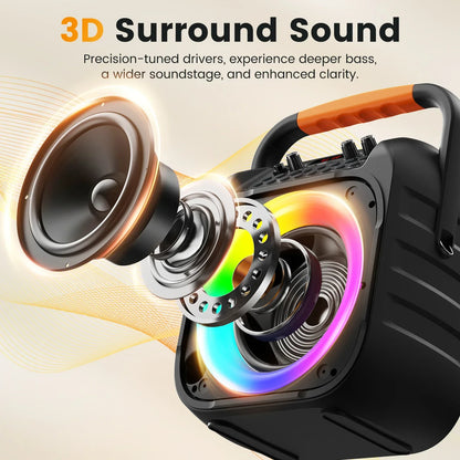 T26 portable bluetooth karaoke machine in black with orange handle and colorful led lights featuring wireless microphones echo adjustment