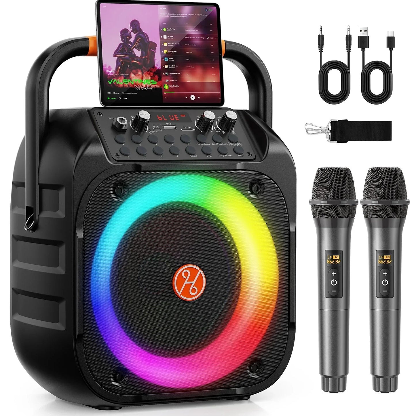 Black portable bluetooth karaoke machine with vibrant LED ring and two wireless microphones echo adjustment for adults