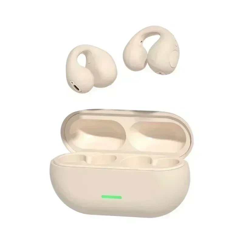 Cream-colored sleek wireless bone conduction earbuds with charging case and green indicator light for sports gaming earphone use