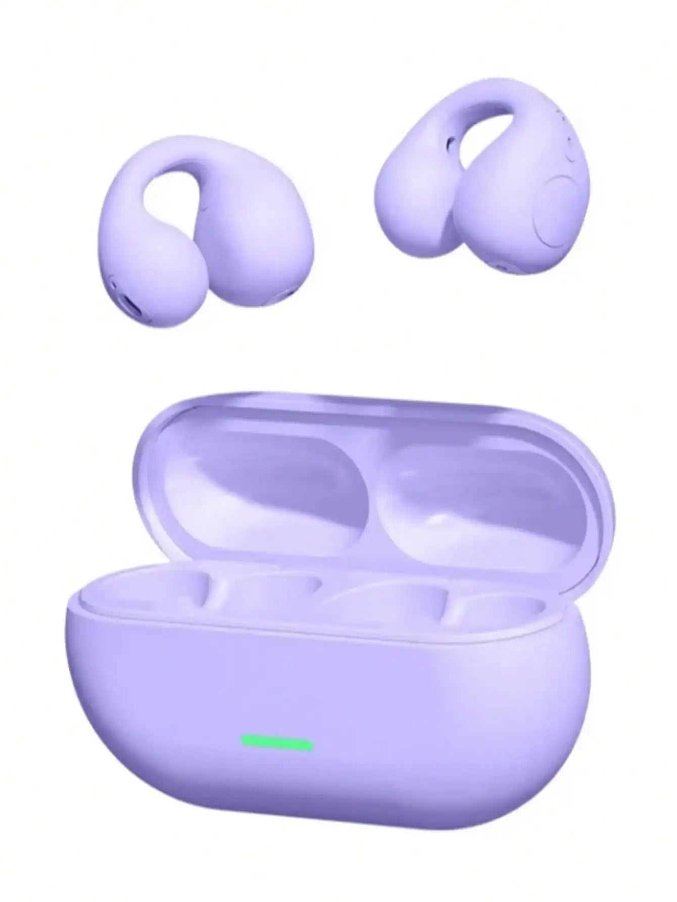 Lavender wireless bone conduction earbuds with ergonomic design and matching case for sports gaming and music noise canceling