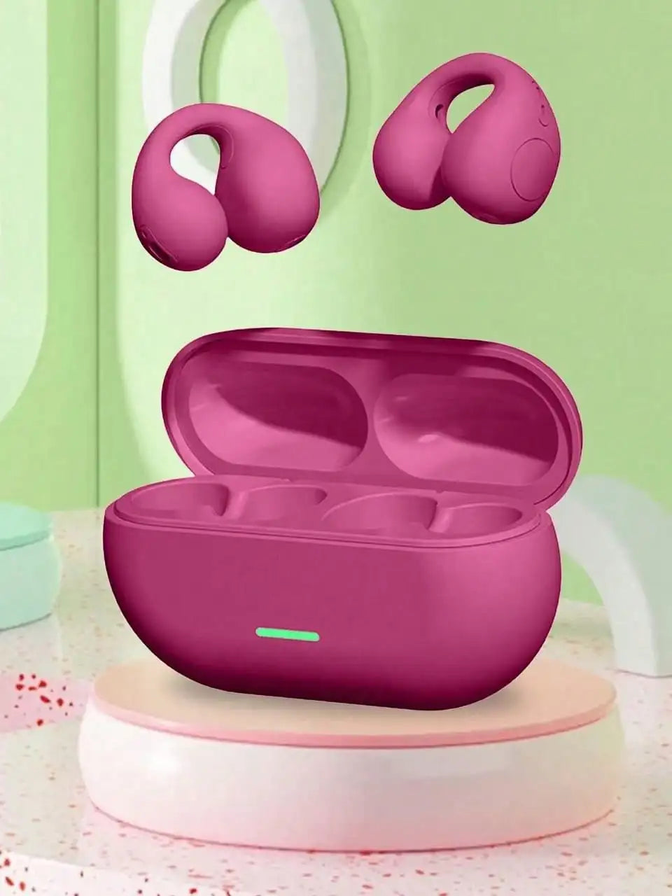 Pink matte-finish wireless bone conduction earbuds in magenta charging case for sports gaming earphone with music noise canceling