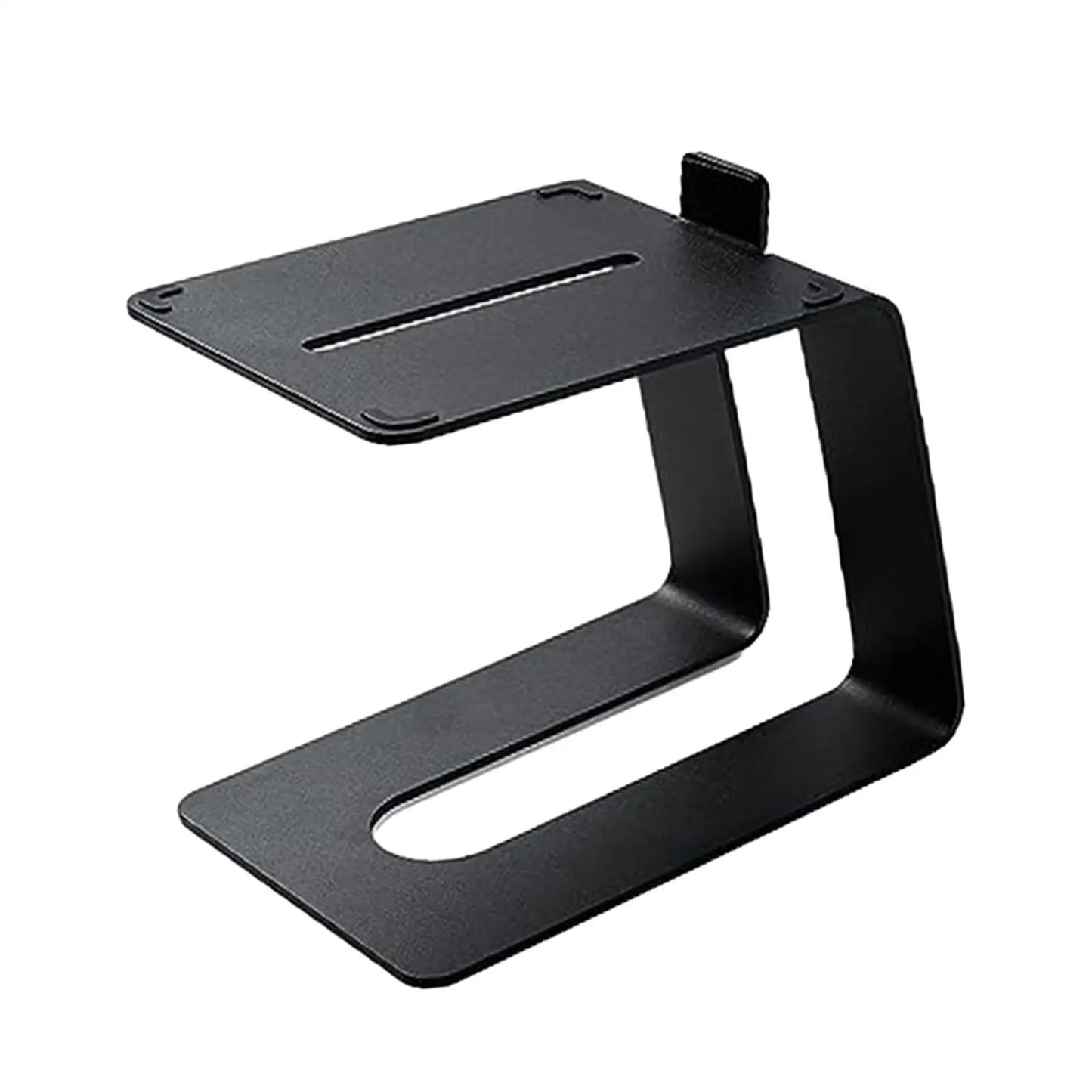 Black metal tabletop speaker stand with sleek minimalist design and small clip for improved audio experience
