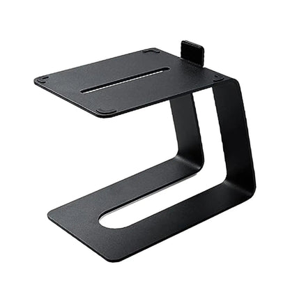 Black metal tabletop speaker stand with sleek minimalist design and small clip for improved audio experience
