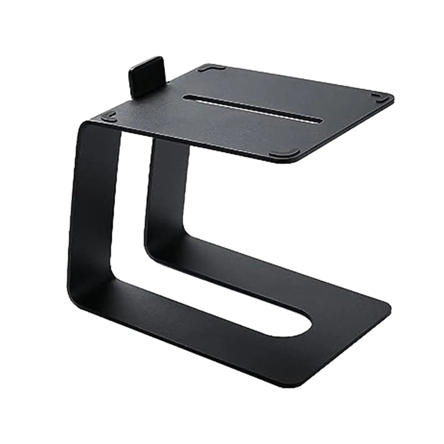Black metal tabletop speaker stand rack with minimalist design and top cutout slot for upward tilted computer speakers