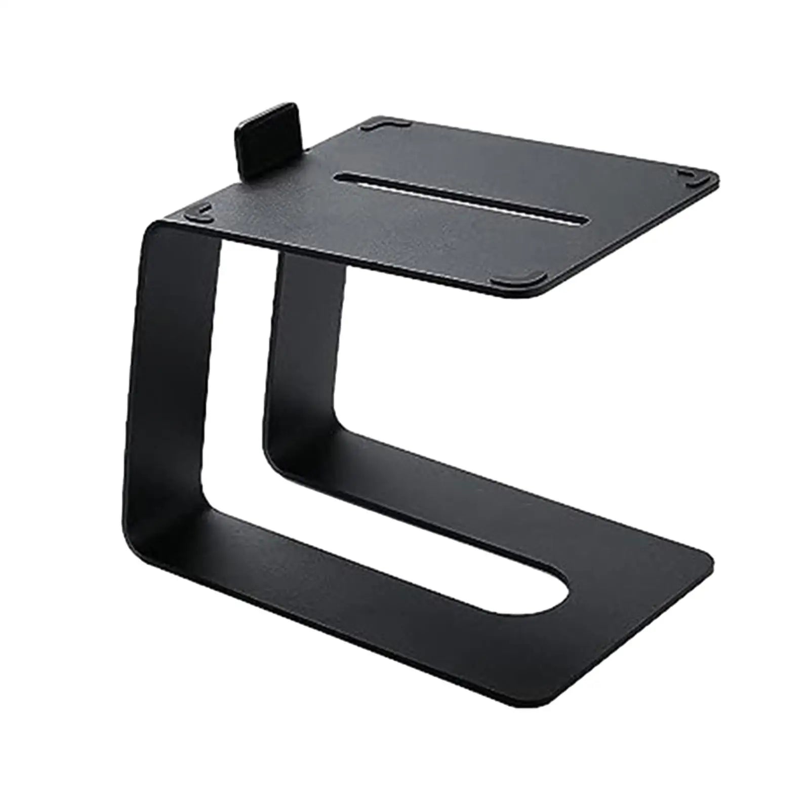 Black metal tabletop speaker stand rack with minimalist design and top cutout slot for upward tilted computer speakers