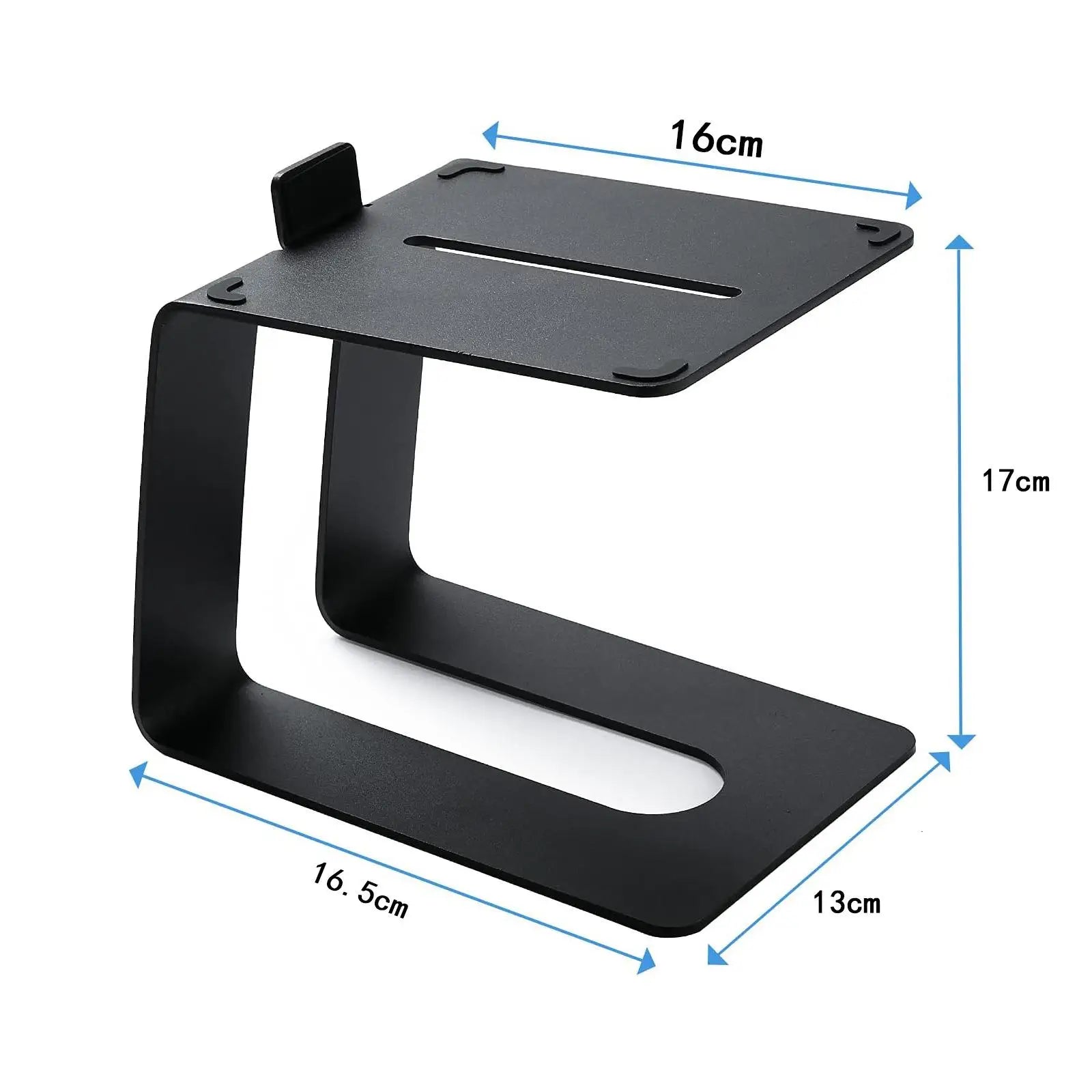 Black metal tabletop speaker stand with sleek minimalist design, 16.5x13x17cm, 5 degrees upward tilt for better audio experience