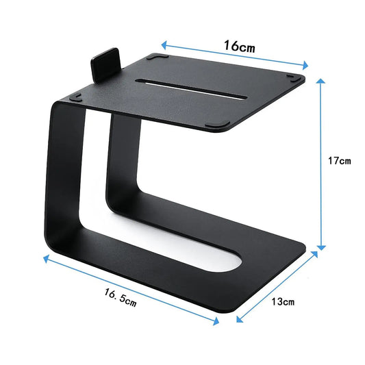 Black metal tabletop speaker stand with sleek minimalist design, 16.5x13x17cm, 5 degrees upward tilt for better audio experience