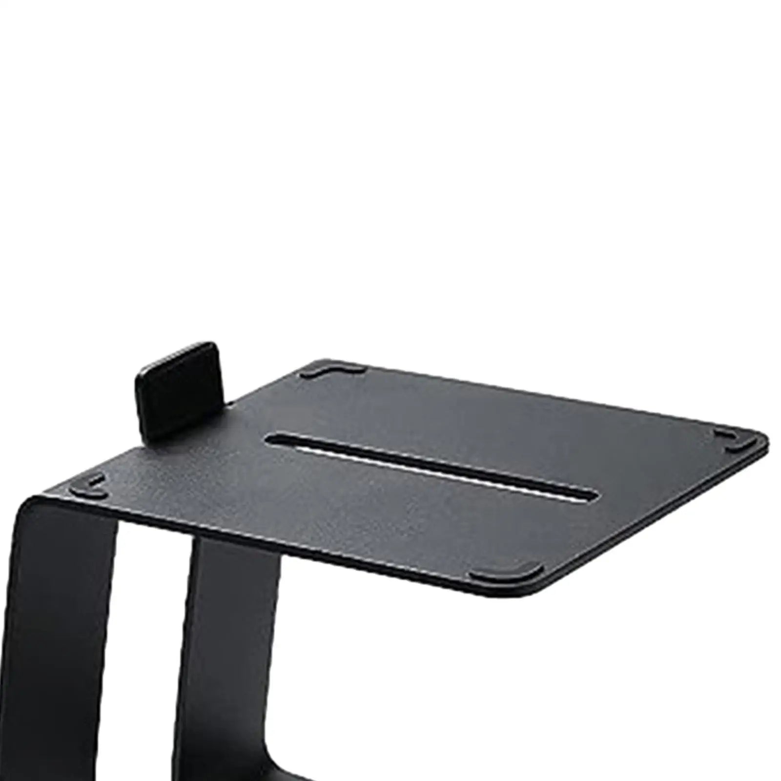 Black metal computer speaker stand rack with minimalist design and central slot for device placement and better audio experience