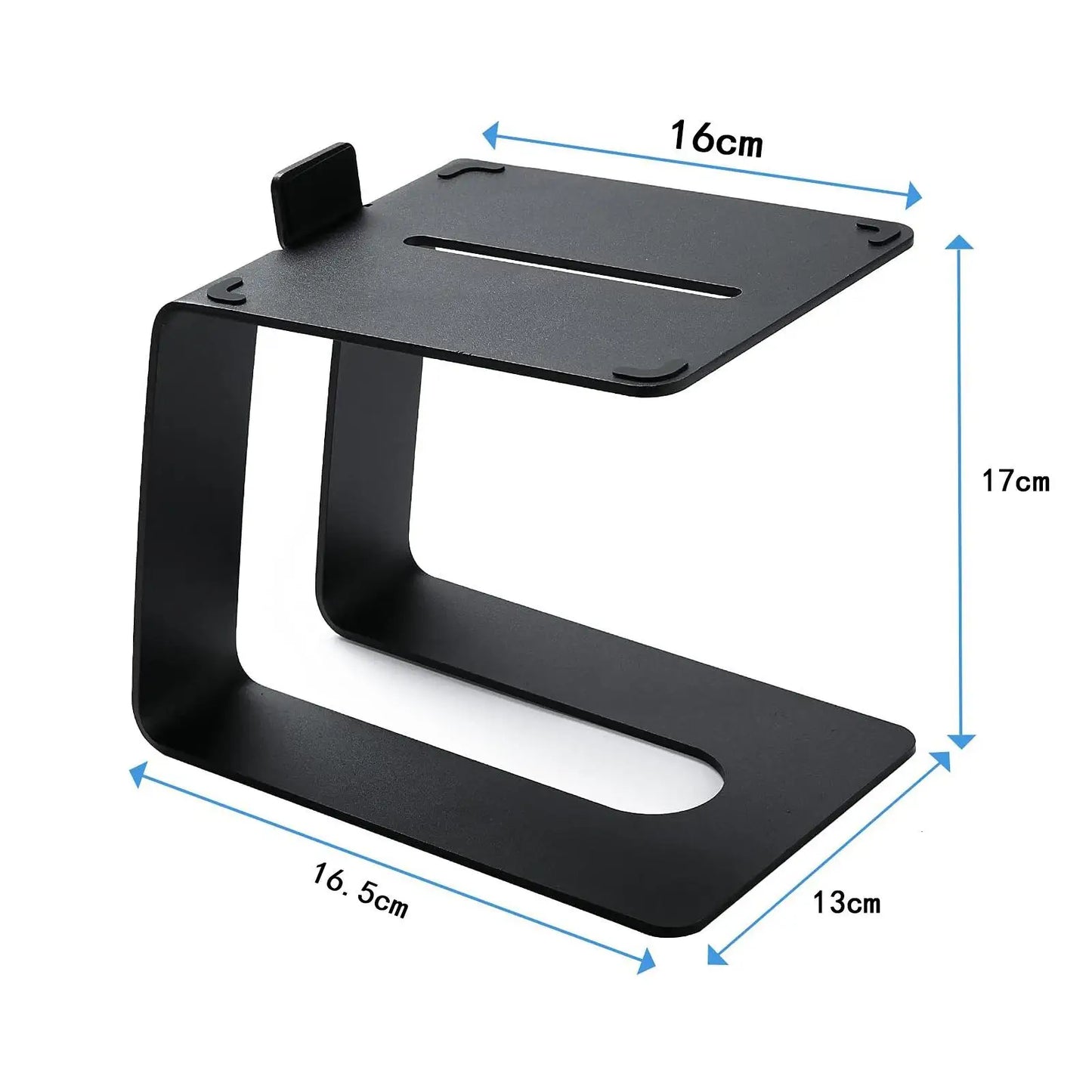 Black metal tabletop speaker stand with a minimalist c shaped design 16.5x13x17cm tilted for better audio quality