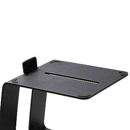 Black metal tabletop speaker stand with minimalist design and central slot for device placement and upward tilt