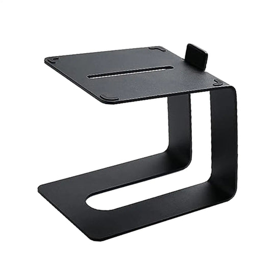 Black metal computer speaker stand rack with c shaped minimalist design and small top clip for tabletop use