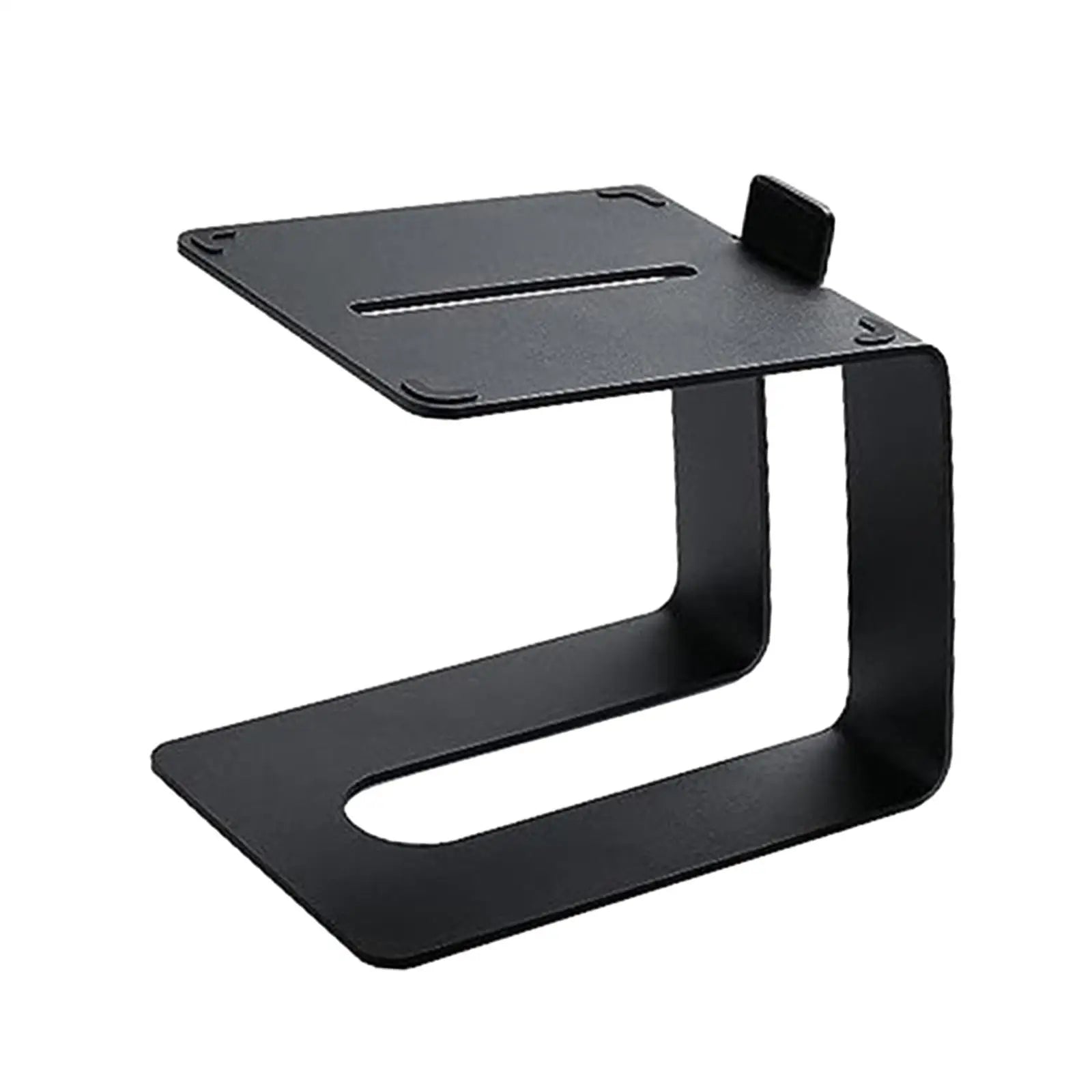 Black metal tabletop speaker stand rack with sleek minimalist design and small clip for upward tilted audio use