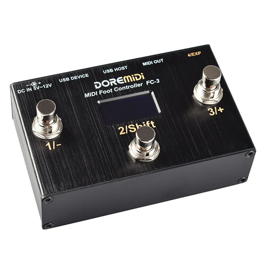 Black doremidi midi usb tactile stage control unit with three silver programmable switch pedals and small screen