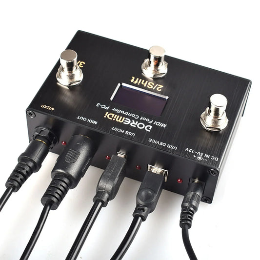 Black doremidi midi usb fc-3 tactile stage control unit with three silver programmable switch pedals and multiple usb ports