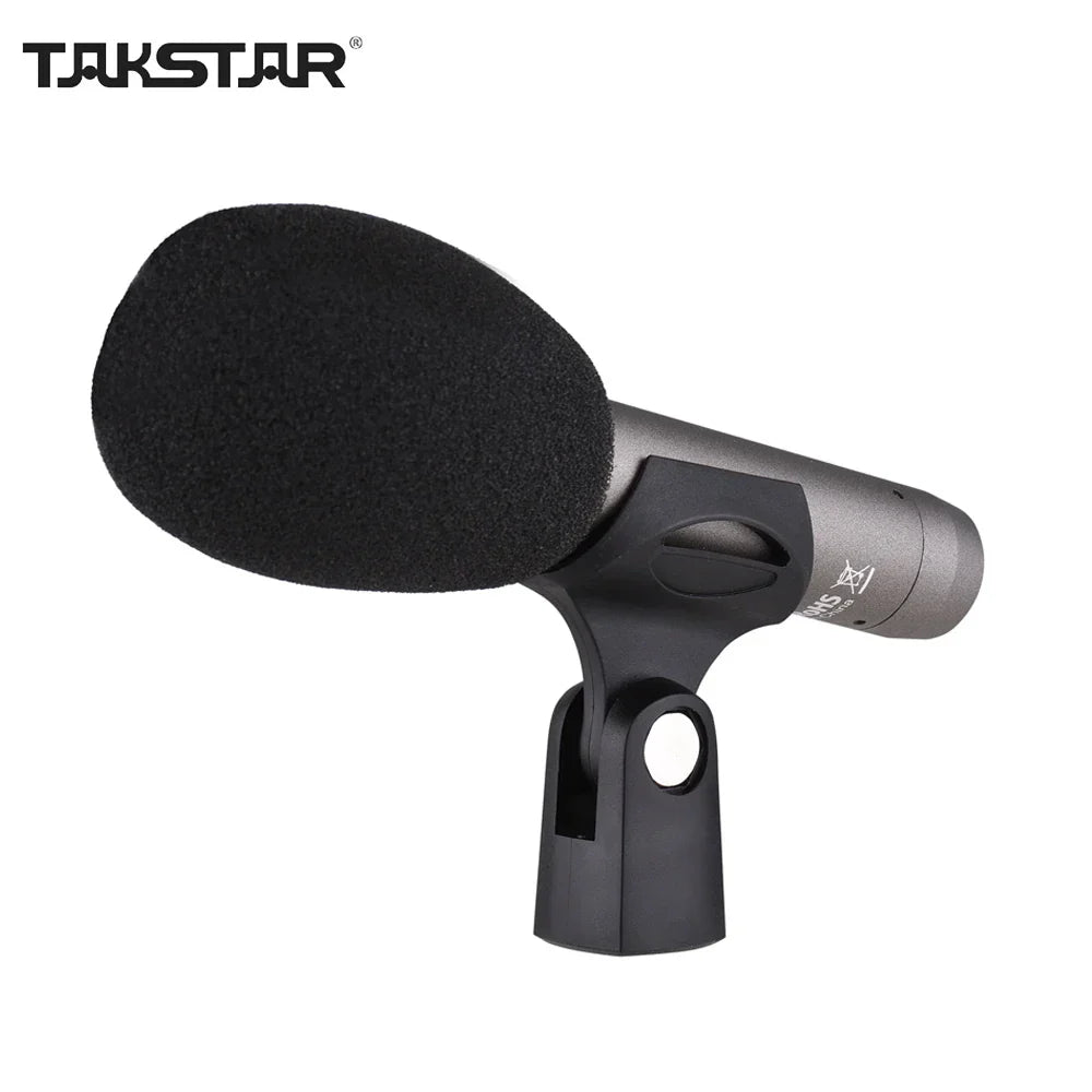 Black takstar cm-60 professional condenser microphone with foam windscreen and metallic body for studio recording with 48v phantom power