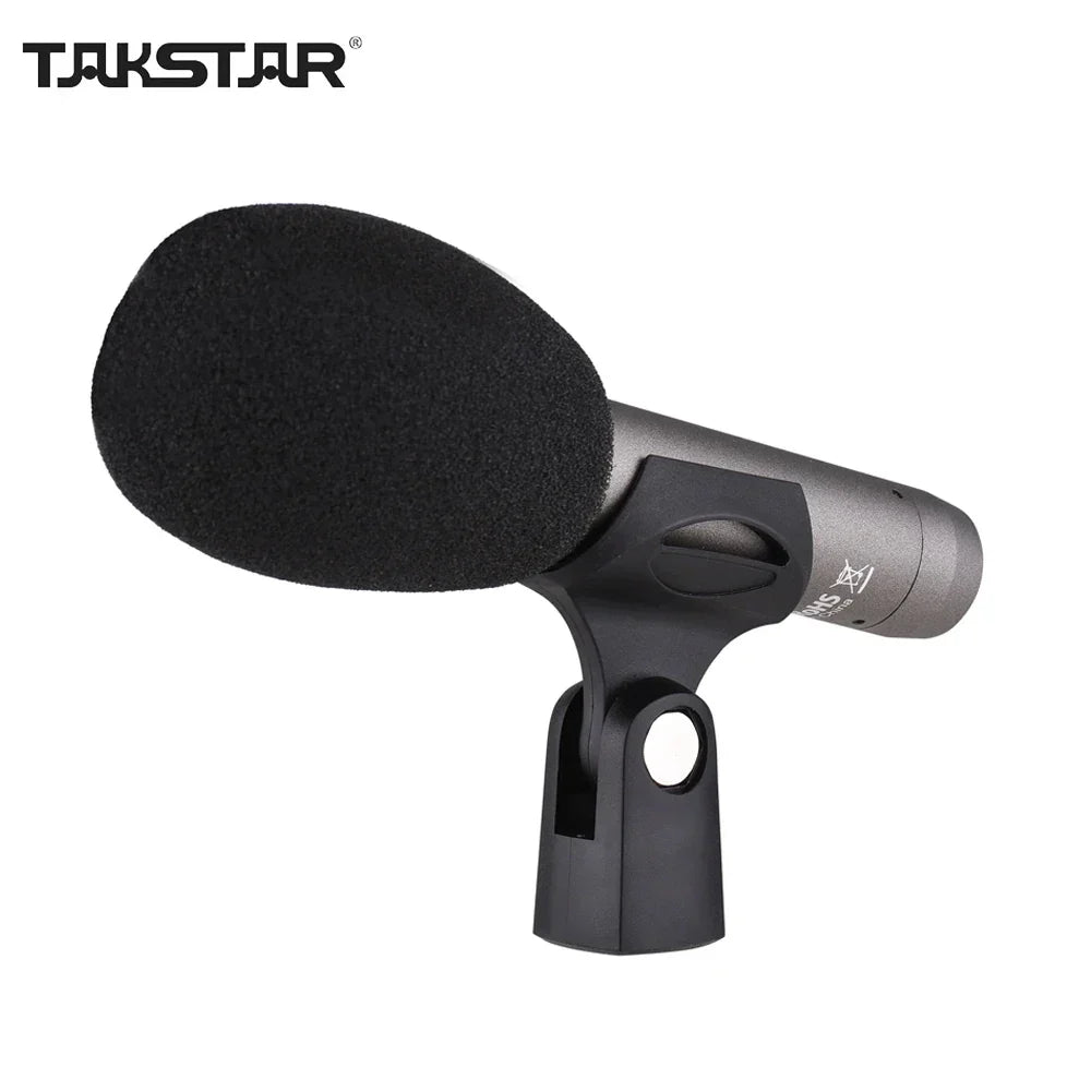 Black takstar professional condenser microphone with foam windscreen metallic body and 48v phantom power for studio use