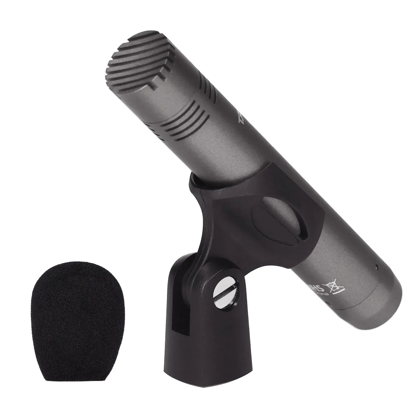 Black takstar cm-60 professional condenser microphone with matte finish and ribbed grille on clip stand xlr cardioid 48v phantom power
