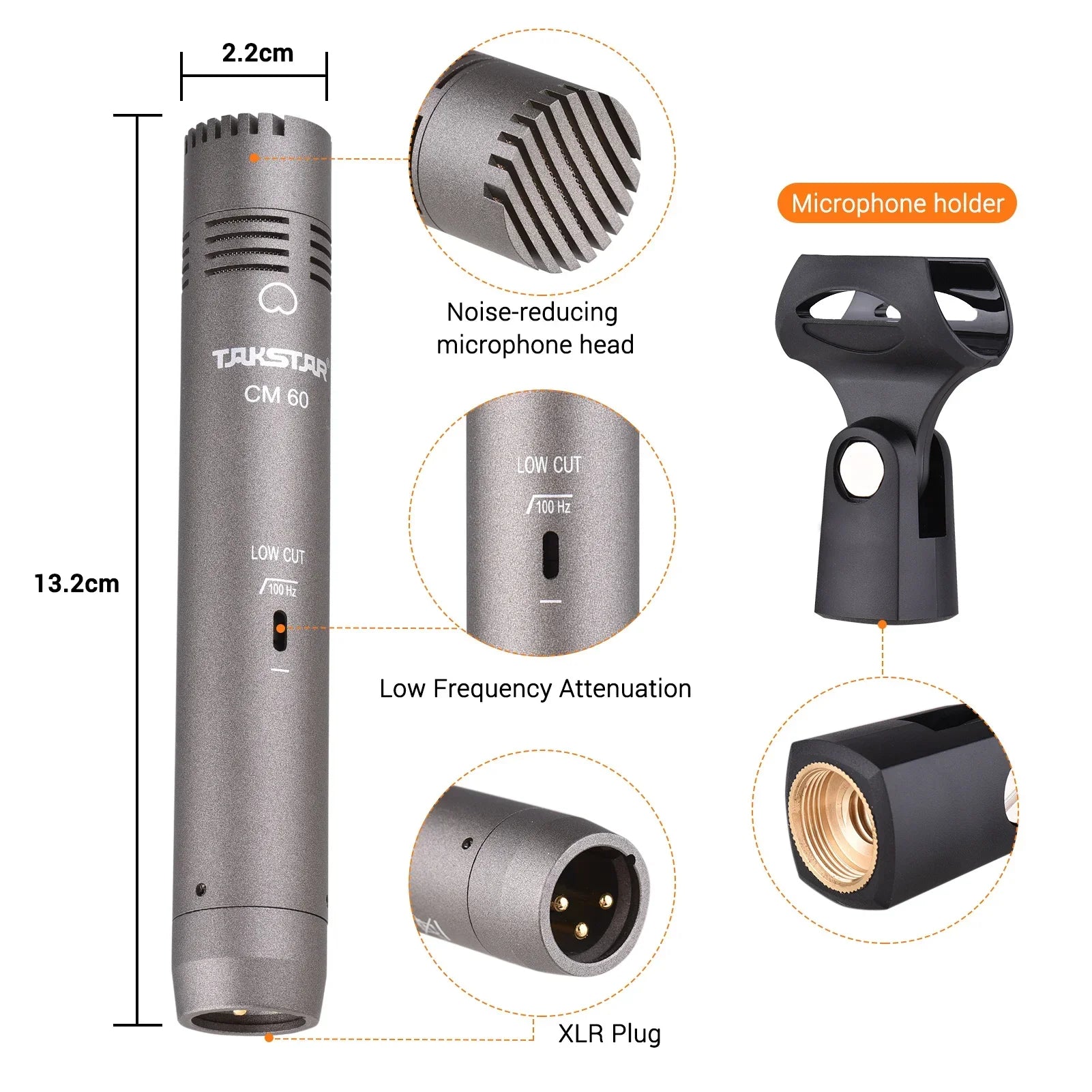 Silver takstar cm 60 professional condenser microphone with noise-reducing head and 48v phantom power for studio use
