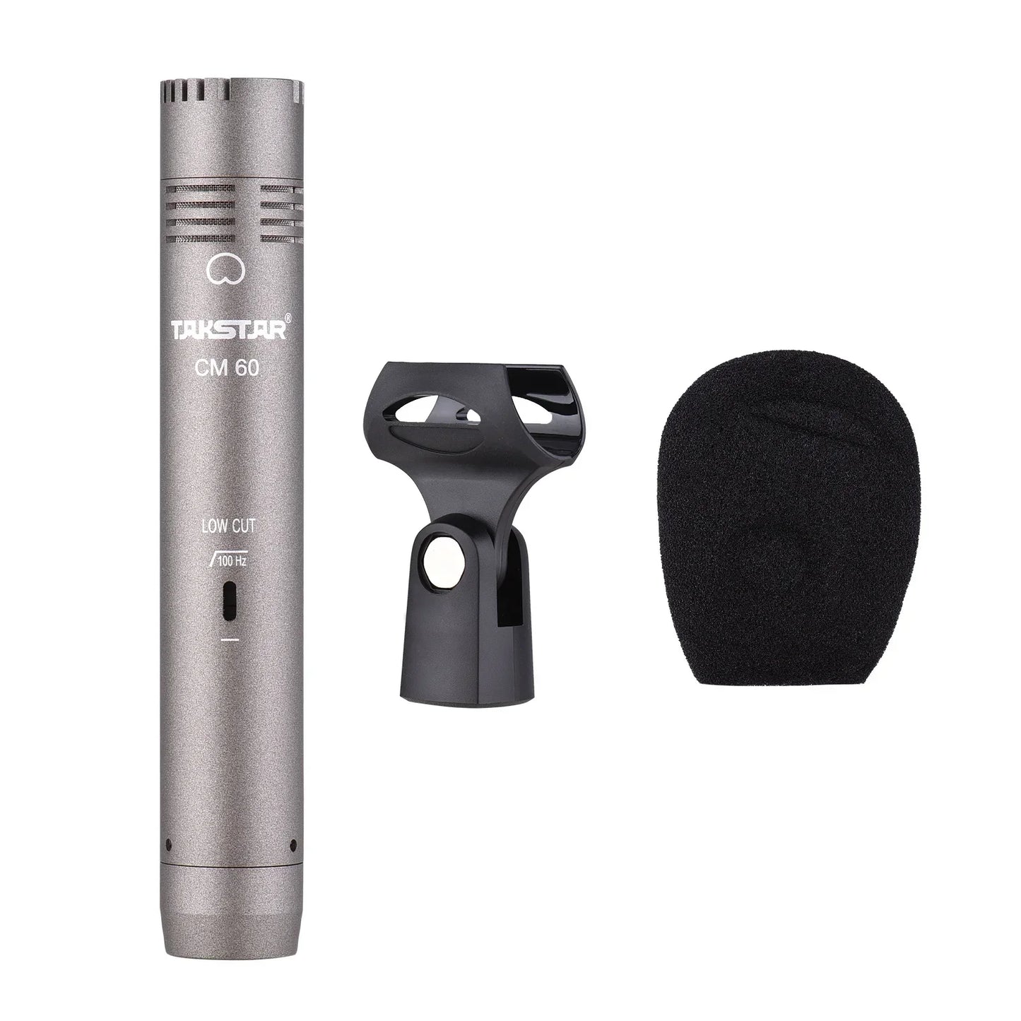 Silver takstar cm 60 professional condenser microphone with black foam windscreen and shock mount for studio recording with 48v phantom power