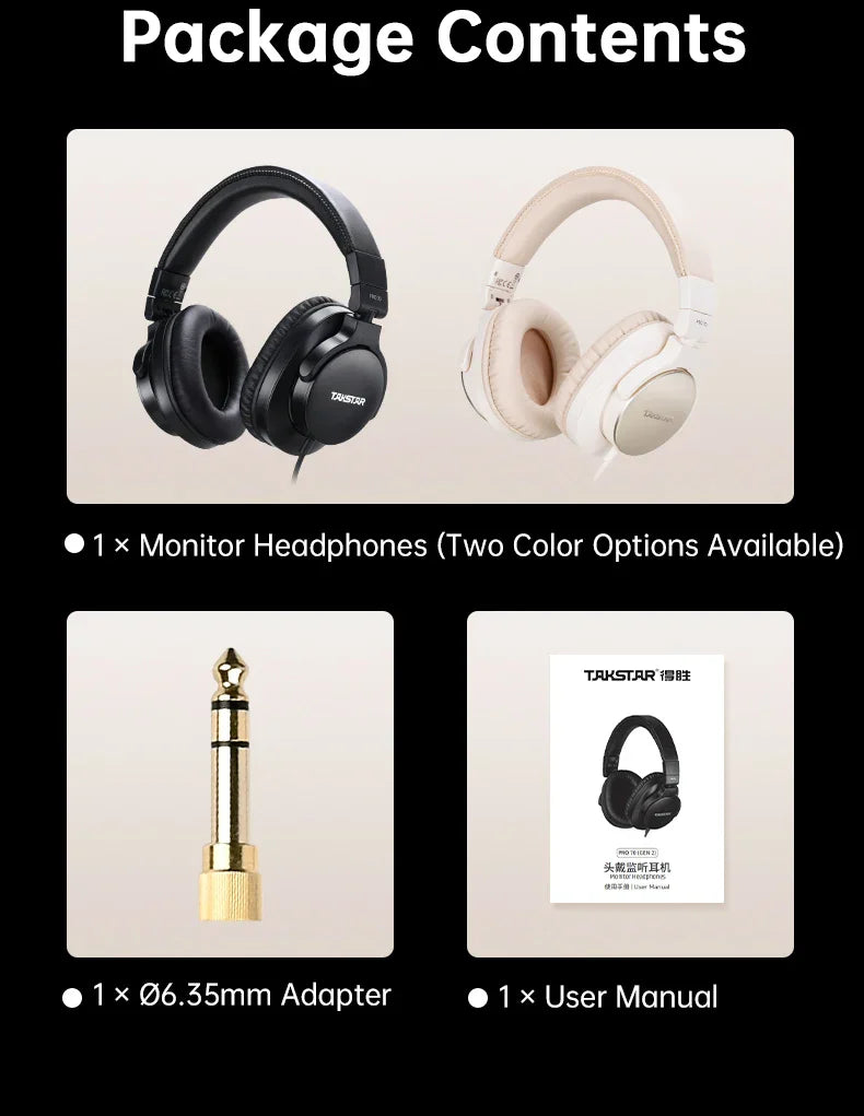 Black and white takstar pro 70 gen 2 monitor headphones professional with padded earcups for live stream recording