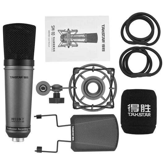 Takstar sm-10 unidirectional professional recording microphone with matte black finish and mesh grille for home studio use