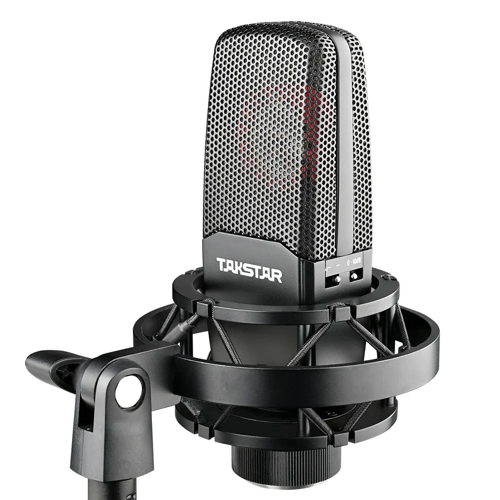 Black takstar tak55 profesional recording wired microfono condensador with perforated grille and silver accent strip for radio studio