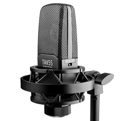Black takstar tak55 profesional recording wired microfono condensador with perforated grille and silver accent strip for studio use