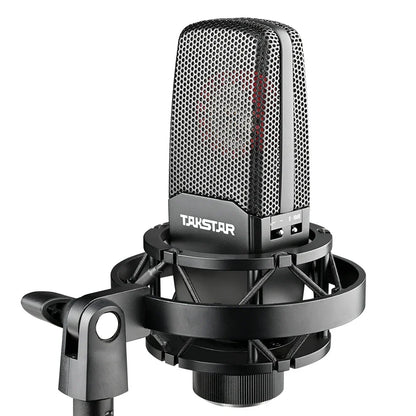 Black takstar tak55 profesional recording wired microfono condensador with perforated grille and silver accent strip for studio use